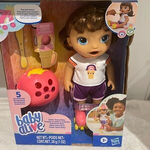Baby Alive: Roller Skate Baby 12-Inch Doll Brown Hair, Blue Eyes Kids Toy.